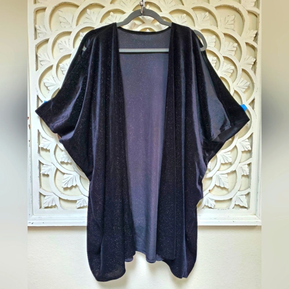 Black Sparkle Thread Velour Kimono with Batwing Cold Shoulder Sleeves OSFM
